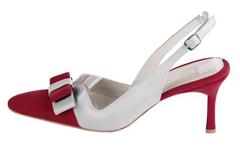 Cardinal red and light silver women's open back shoes, with a knot. Tapered toe. High slim heel. Profile view - Florence KOOIJMAN